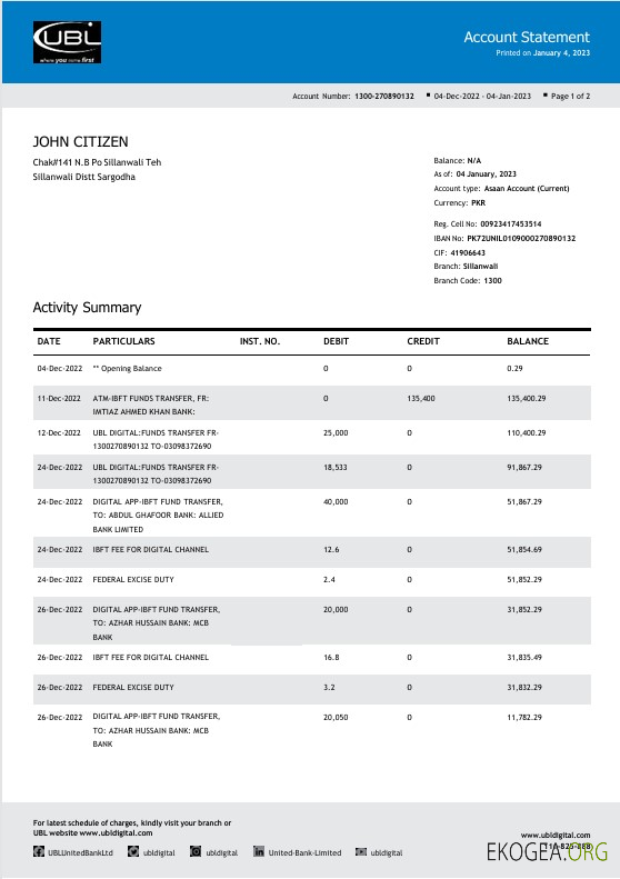Modèle Word et PDF de relevé bancaire UBL du Pakistan, 2 pages